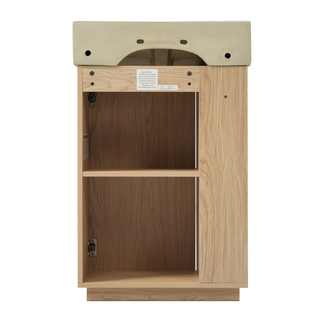 21.6" bathroom vanity with ceramic sink, freestanding modern right door wood grain cabinet with open and closed storage for small bathrooms