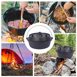 Pre-Seasoned Cast Iron Dutch Oven With Skillet Lid, Outdoor Camping Deep Pot for Camping Fireplace Cooking BBQ Baking Campfire, With Iron Pot Rack, 8 Quart Dweva