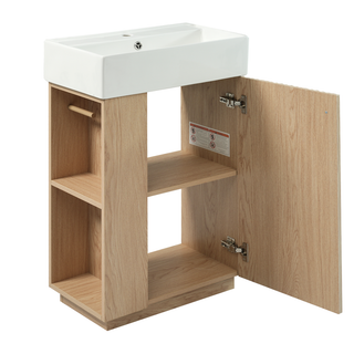 21.6" bathroom vanity with ceramic sink, freestanding modern right door wood grain cabinet with open and closed storage for small bathrooms