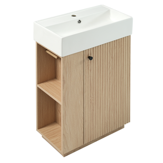21.6" bathroom vanity with ceramic sink, freestanding modern right door wood grain cabinet with open and closed storage for small bathrooms