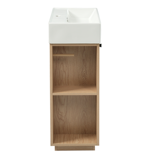 21.6" bathroom vanity with ceramic sink, freestanding modern right door wood grain cabinet with open and closed storage for small bathrooms