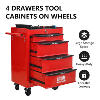 Rolling Metal Tool Chest with 4 Drawers, 20" 4-Drawer Tool Chest Cabinet with Ball Bearing Drawer Slides, Steel Tool Storage Box Organizer -Red&Black Dweva