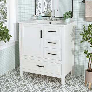 30" White Bathroom Vanity with Sink Combination Set, Bathroom Storage Cabinet with Soft Close Door, 3 Soft Close Drawers and Removable Tray, Solid Wood Frame Dweva