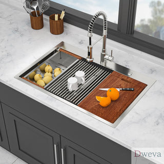 Topmount Drop in Kitchen Sink - 36"x 22" x 10" Double Bowl (50/50) Kitchen Sink 16 Gauge with Two 10" Deep Basin, Brushed Nickel Dweva