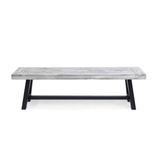 Light Grey Sandblast Finish Acacia Wood Dining Bench with Black Rustic Metal Finish Frame Dweva