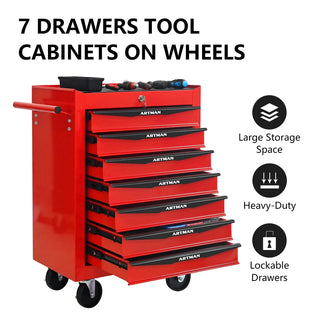Rolling Metal Tool Chest with 7 Drawers, 20" 7-Drawer Tool Chest Cabinet with Ball Bearing Drawer Slides, Steel Tool Storage Box Organizer -Red&Black Dweva