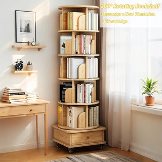 6 Tier Rotating Bookshelf, 360° Display Round Spinning Bookshelf with Wheels and Drawer, Space-Saving, Small Space Rotating Bookshelf Tower for Bedroom, Living Room, Home, Office, Wood Color Dweva