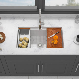 Undermount White Kitchen Sink Workstation - 33 inch White Porcelain Ceramic Single Bowl Dual Mount Kitchen Sink Dweva