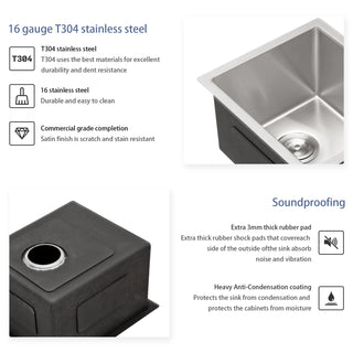 15 Inch Undermount Sink - 15" x 17" x 9" Undermount Stainless Steel Kitchen Sink 16 Gauge 9 Inch Deep Single Bowl Kitchen Sink Basin, Includes Drain Assembly (No Additional Accessories) Dweva