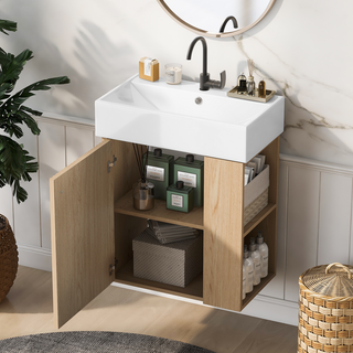 [Video] 21.6" Modern Floating Bathroom Vanity with Ceramic Basin - Perfect for Small Bathrooms, Right side storage Dweva