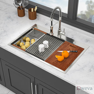 Topmount Drop in Kitchen Sink - 36"x 22" x 10" Double Bowl (60/40) Kitchen Sink 16 Gauge with Two 10" Deep Basin, Brushed Nickel Dweva