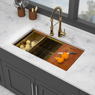 Single Bowl Undermount Workstation Gold Kitchen Sink - 33" x 19" x 10" Inch 16 Gauge Stainless Steel Deep Sink Dweva