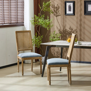 [Set of 2] French Country Dining Chairs - Elegant Cane Backrest & Upholstered Seats with Fluted Legs - Rustic Weathered Finish - Solid Rubberwood Frame - Vintage Inspired Kitchen & Dining Room Chairs Dweva