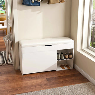 Entryway Bench with Shoe Storage,Adjustable 3-Tier Flip-Up Drawers & Hidden Cabinet,Space-Saving Shoe Organizer,Triple Storage and Modern Design,for Hallway and Living Room,White Dweva