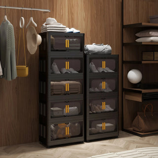 Black, 24" Side Wide Folding Storage Cabinet ,5 Tiers,23.62"×13.78"×59.84",Collapsible Storage Bins with Magnetic Door, Plastic Storage Cabinet with Wheels Dweva
