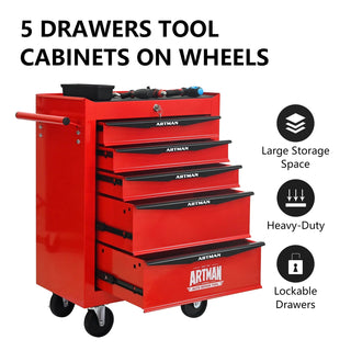 Rolling Metal Tool Chest with 5 Drawers, 20" 5-Drawer Tool Chest Cabinet with Ball Bearing Drawer Slides, Steel Tool Storage Box Organizer -Red&Black Dweva