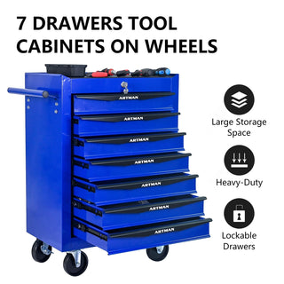 Rolling Metal Tool Chest with 7 Drawers, 20" 7-Drawer Tool Chest Cabinet with Ball Bearing Drawer Slides, Steel Tool Storage Box Organizer -BLACK&BLUE Dweva