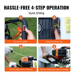 Gas Post Hole Digger 52CC 1450W with 8" Drill Bits & 1 Extension Rod Dweva