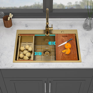 33" Drop in Gold Kitchen Sink - 33 x 22 x 10 inch Kitchen Sink Drop-in Topmount Single Bowl 16 Gauge Stainless Steel Ledge Workstation Kitchen Sinks Dweva