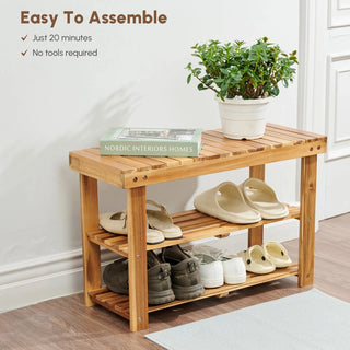 Acacia Wood Shoe Rack Bench, 2-Tier Natural Wooden Shoe Organizer for Entryway, Front Door, or Bathroom, 200 lbs Capacity, 27.6"L x 11"W x 17.8"H, Durable and Easy to Assemble Dweva