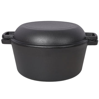 2 in 1 Pre-Seasoned Cast Iron Dutch Oven With Dual Handles, Outdoor Camping Deep Pot for Camping Fireplace Cooking BBQ Baking Campfire, 5 Quart.With 1pc Iron Pot Rack. Dweva