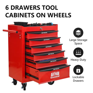 Rolling Metal Tool Chest with 6 Drawers, 20" 6-Drawer Tool Chest Cabinet with Ball Bearing Drawer Slides, Steel Tool Storage Box Organizer -Red&Black Dweva