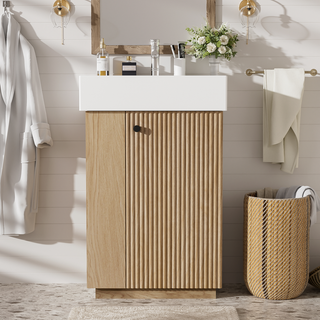 21.6" bathroom vanity with ceramic sink, freestanding modern right door wood grain cabinet with open and closed storage for small bathrooms