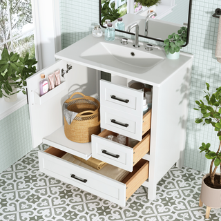 30" White Bathroom Vanity with Sink Combination Set, Bathroom Storage Cabinet with Soft Close Door, 3 Soft Close Drawers and Removable Tray, Solid Wood Frame Dweva
