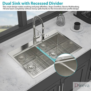 Topmount Drop in Kitchen Sink - 33"x 22" x 10" Double Bowl (60/40) Kitchen Sink 16 Gauge with Two 10" Deep Basin, Brushed Nickel Dweva