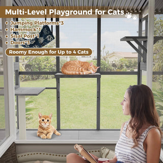 Large Cat Catio – Expandable Window Box Enclosure for Multiple Indoor Cats, Cat Perch House with 3 platforms,1 hammock and 3 doors, All-Weather Use Dweva