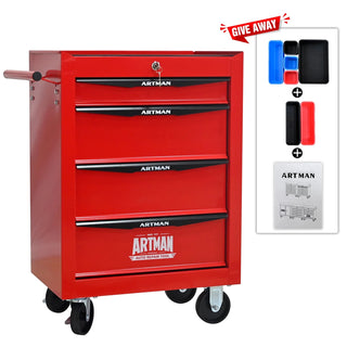 Rolling Metal Tool Chest with 4 Drawers, 20" 4-Drawer Tool Chest Cabinet with Ball Bearing Drawer Slides, Steel Tool Storage Box Organizer -Red&Black Dweva