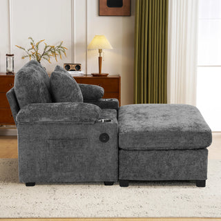Modern Oversized Chair with Ottoman,Chenille Fabric Sofa Bed,Accent Chair Comfy Sofa with Cupholders and USB Charging Ports Chair for Living Room,Bedroom,Apartment Dweva
