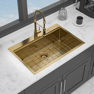 33" Drop in Gold Kitchen Sink - 33 x 22 x 10 inch Kitchen Sink Drop-in Topmount Single Bowl 16 Gauge Stainless Steel Ledge Workstation Kitchen Sinks Dweva