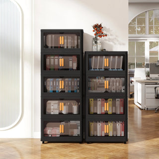 Black, 24" Side Wide Folding Storage Cabinet ,5 Tiers,23.62"×13.78"×59.84",Collapsible Storage Bins with Magnetic Door, Plastic Storage Cabinet with Wheels Dweva