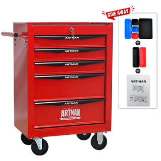 Rolling Metal Tool Chest with 5 Drawers, 20" 5-Drawer Tool Chest Cabinet with Ball Bearing Drawer Slides, Steel Tool Storage Box Organizer -Red&Black Dweva