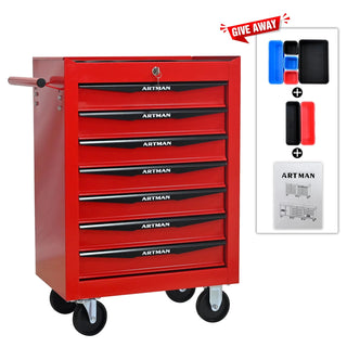 Rolling Metal Tool Chest with 7 Drawers, 20" 7-Drawer Tool Chest Cabinet with Ball Bearing Drawer Slides, Steel Tool Storage Box Organizer -Red&Black Dweva