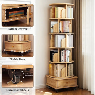 6 Tier Rotating Bookshelf, 360° Display Round Spinning Bookshelf with Wheels and Drawer, Space-Saving, Small Space Rotating Bookshelf Tower for Bedroom, Living Room, Home, Office, Wood Color Dweva