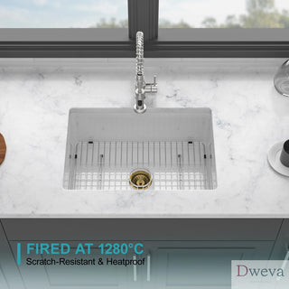 27" Undermount Single Bowl Ceramic Kitchen Sink - Dual Mount White Ceramic Rectangular Deep Single Bowl Sink Basin Dweva