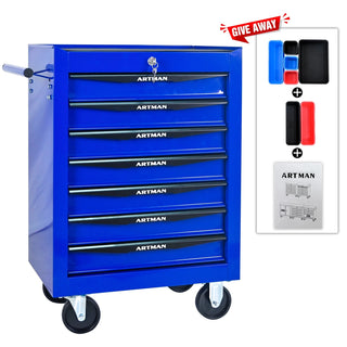 Rolling Metal Tool Chest with 7 Drawers, 20" 7-Drawer Tool Chest Cabinet with Ball Bearing Drawer Slides, Steel Tool Storage Box Organizer -BLACK&BLUE Dweva