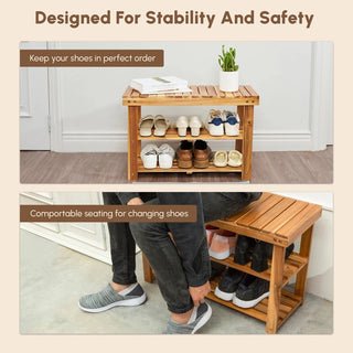 Acacia Wood Shoe Rack Bench, 2-Tier Natural Wooden Shoe Organizer for Entryway, Front Door, or Bathroom, 200 lbs Capacity, 27.6"L x 11"W x 17.8"H, Durable and Easy to Assemble Dweva