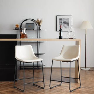 (Set of 2) Vintage Style 24-Inch Armless Industrial Faux Leather Counter Stool with Metal Legs and Footrest for Kitchen Island, Cafe, Pub, Bar Counter, Cream and Black Dweva