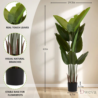 Artificial Bird of Paradise Plant, 5.2ft Tall Faux Tropical Palm Tree in Pot for Indoor or Outdoor Home, Office, or Garden Decoration, 2pcs/set Dweva