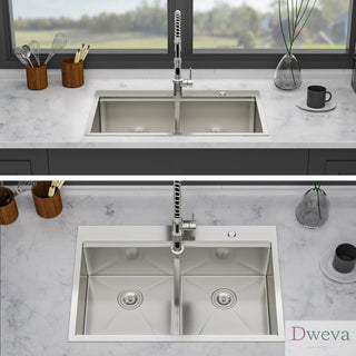 Topmount Drop in Kitchen Sink - 33"x 22" x 10" Double Bowl (50/50) Kitchen Sink 16 Gauge with Two 10" Deep Basin, Brushed Nickel Dweva