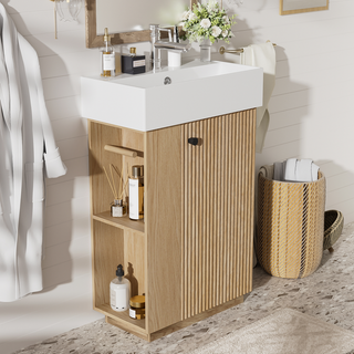 21.6" bathroom vanity with ceramic sink, freestanding modern right door wood grain cabinet with open and closed storage for small bathrooms