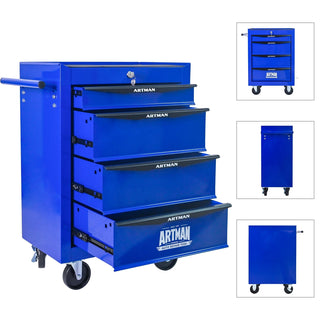 Rolling Metal Tool Chest with 4 Drawers, 20" 4-Drawer Tool Chest Cabinet with Ball Bearing Drawer Slides, Steel Tool Storage Box Organizer -BLACK&BLUE Dweva