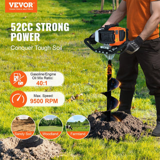 Gas Post Hole Digger 52CC 1450W with 8" Drill Bits & 1 Extension Rod Dweva