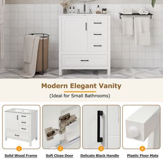 30" White Bathroom Vanity with Sink Combination Set, Bathroom Storage Cabinet with Soft Close Door, 3 Soft Close Drawers and Removable Tray, Solid Wood Frame Dweva