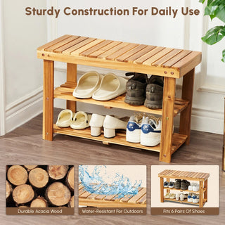 Acacia Wood Shoe Rack Bench, 2-Tier Natural Wooden Shoe Organizer for Entryway, Front Door, or Bathroom, 200 lbs Capacity, 27.6"L x 11"W x 17.8"H, Durable and Easy to Assemble Dweva