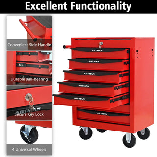 Rolling Metal Tool Chest with 7 Drawers, 20" 7-Drawer Tool Chest Cabinet with Ball Bearing Drawer Slides, Steel Tool Storage Box Organizer -Red&Black Dweva