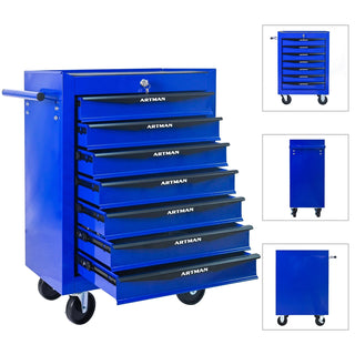 Rolling Metal Tool Chest with 7 Drawers, 20" 7-Drawer Tool Chest Cabinet with Ball Bearing Drawer Slides, Steel Tool Storage Box Organizer -BLACK&BLUE Dweva